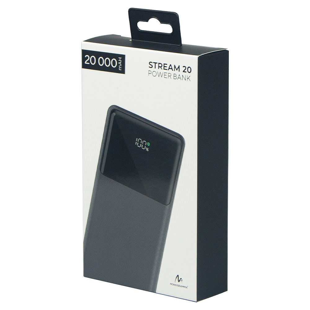 Внешний аккумулятор (powerbank) «Stream 20», 20 000 mAH, с двумя зарядными шнурами, 22,5W (Ватт) super fast charge, Power Delivery (PD) 25.5W (dfnn), c цифровым дисплеем для контроля заряда, черный